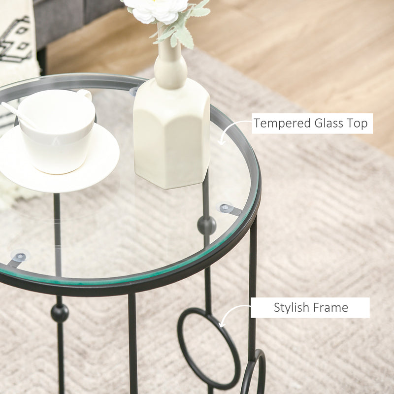 Nesting Side Tables Set of 2 Space Saving Coffee Tables with Glass Tops Black