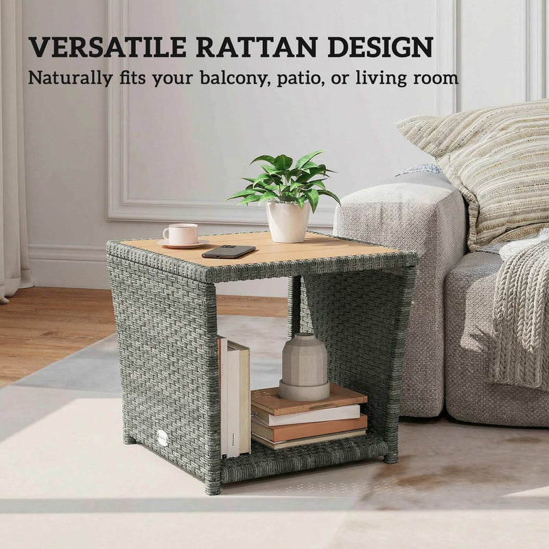 Side Table For Patio with 2-Tier Storage PE Rattan - 45W x 45D x 43H cm Outsunny