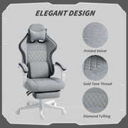 Grey Velvet Reclining Gaming Chair With Footrest And Lumbar Support For Home Office