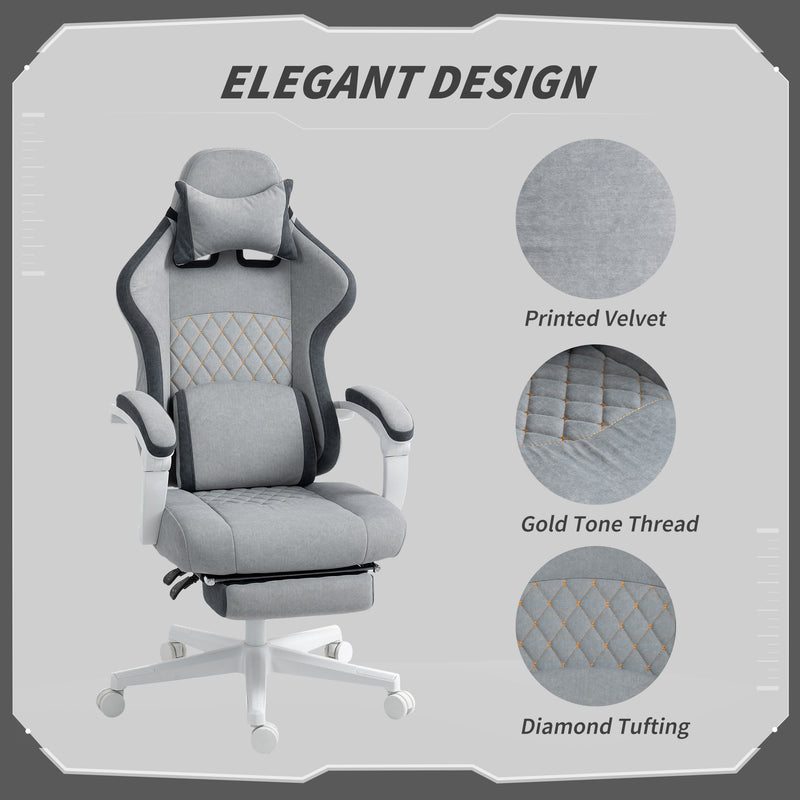 Grey Velvet Reclining Gaming Chair With Footrest And Lumbar Support For Home Office