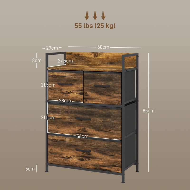 Industrial Chest of 4 Fabric Storage Drawers with Wooden Frame for Bedroom or Hallway Rustic Brown