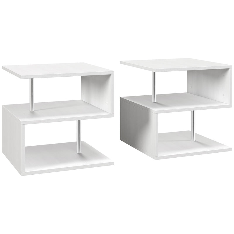 Set of 2 S Shape Wooden Coffee Tables with 2 Tier Storage for Living Room White