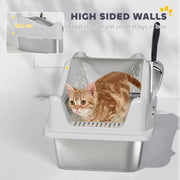 Stainless Steel Cat Litter Box With High Sides and Scoop For Easy Cleaning, Silver