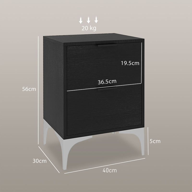 Set of Two Wooden Bedside Tables with Storage and Steel Frame for Bedroom, Black