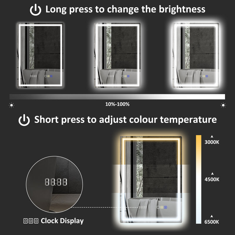 Silver LED Bathroom Mirror 50 x 70 cm with Bluetooth Clock and Anti Fog Feature