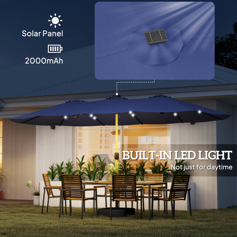 Double Garden Parasol with Extra-Large Canopy and Lights for Shaded Outdoor Dining. Navy Blue