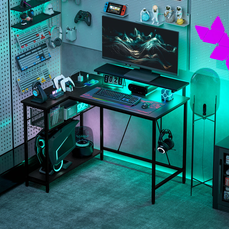 Reversible L Shaped Gaming and Work Desk with LED Lighting for Home Office, Black