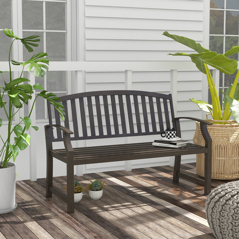 Brown Two Seater Metal Garden Bench with Slatted Design for Patio or Outdoor Use