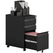 Black 3 Drawer Steel Mobile Filing Cabinet with Lock by Vinsetto