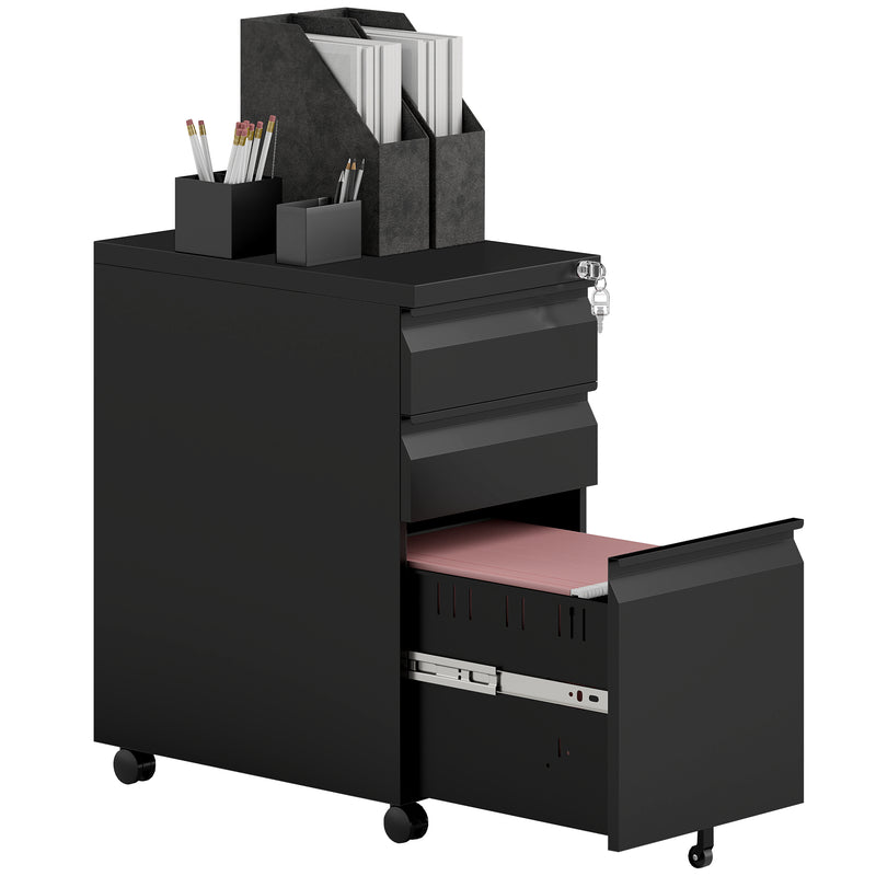 Black 3 Drawer Steel Mobile Filing Cabinet with Lock by Vinsetto