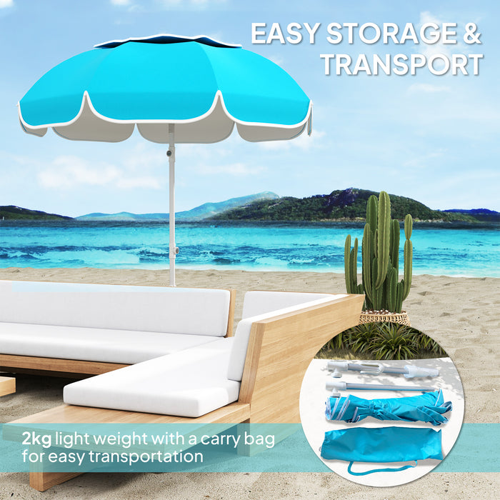 Blue Portable Beach Umbrella with Sand Anchor UPF50+ Tilt Adjustable Height by Outsunny