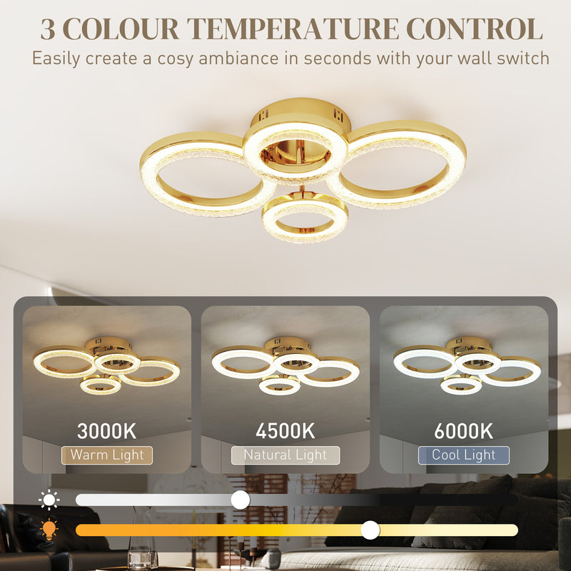 Modern LED Ceiling Light With 4 Rings And Adjustable Colour Temperature For Living Room Gold Tone