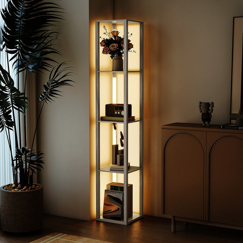 Tall LED Floor Lamp With Shelves and Adjustable Brightness For Living Room