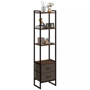 Image of a Tall Narrow Industrial Bookcase With Drawers. This stylish bookcase has a dark brown steel frame with 4 spacious rustic wooden shelves and 2 dark brown fabric drawers.