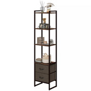 Image of a Tall Narrow Industrial Bookcase With Drawers. This stylish bookcase has a dark brown steel frame with 4 spacious rustic wooden shelves and 2 dark brown fabric drawers.