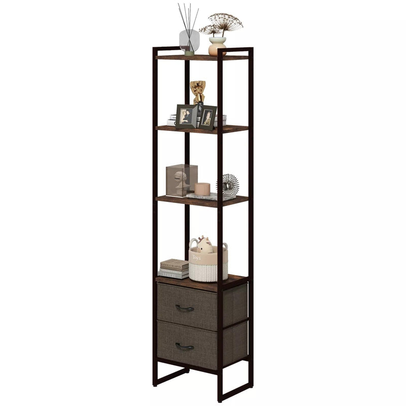 Image of a Tall Narrow Industrial Bookcase With Drawers. This stylish bookcase has a dark brown steel frame with 4 spacious rustic wooden shelves and 2 dark brown fabric drawers.