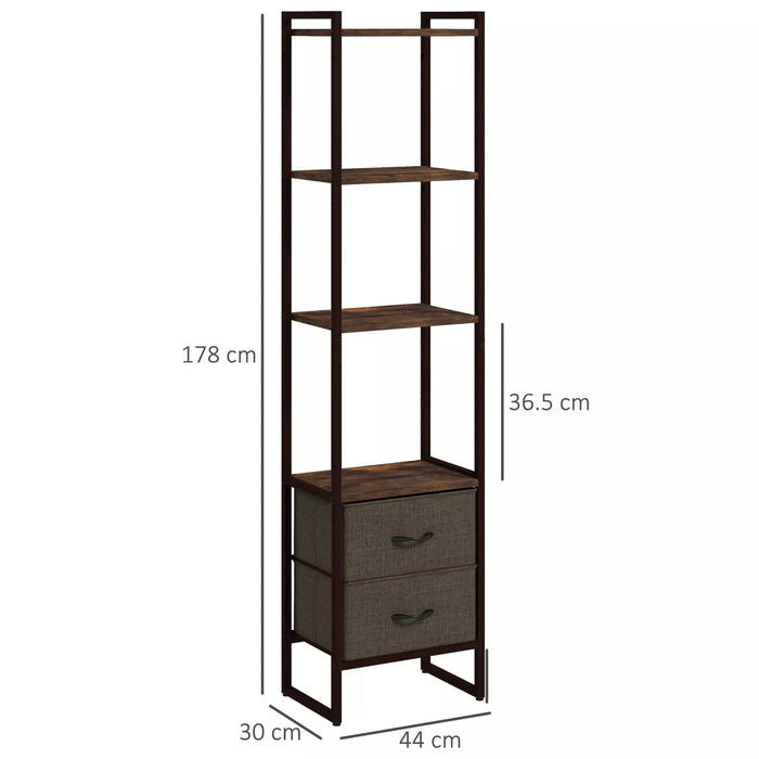 Image of a Tall Narrow Industrial Bookcase With Drawers. This stylish bookcase has a dark brown steel frame with 4 spacious rustic wooden shelves and 2 dark brown fabric drawers.