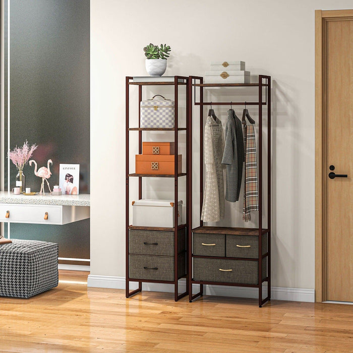 Image of a Tall Narrow Industrial Bookcase With Drawers. This stylish bookcase has a dark brown steel frame with 4 spacious rustic wooden shelves and 2 dark brown fabric drawers.