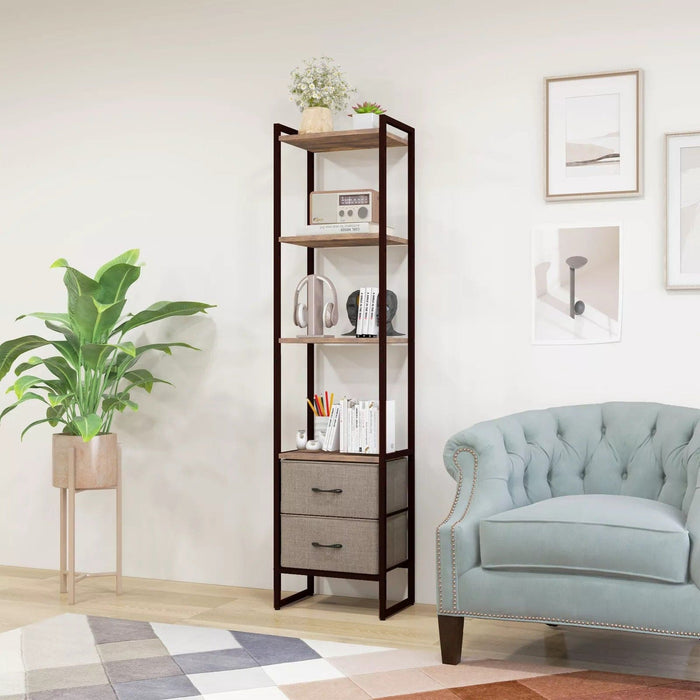 Image of a Tall Narrow Industrial Bookcase With Drawers. This stylish bookcase has a dark brown steel frame with 4 spacious rustic wooden shelves and 2 dark brown fabric drawers.