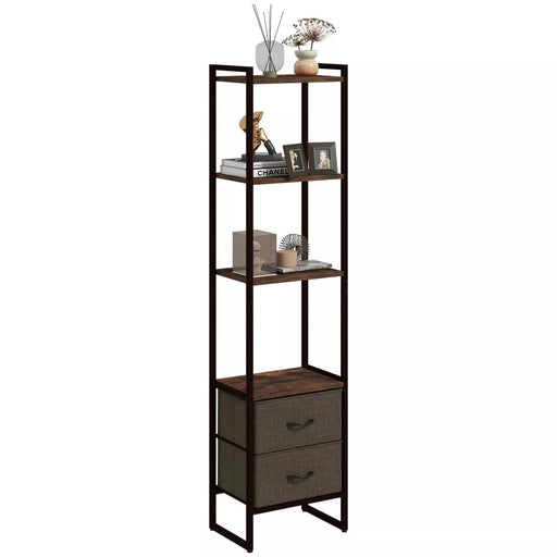 Image of a Tall Narrow Industrial Bookcase With Drawers. This stylish bookcase has a dark brown steel frame with 4 spacious rustic wooden shelves and 2 dark brown fabric drawers.