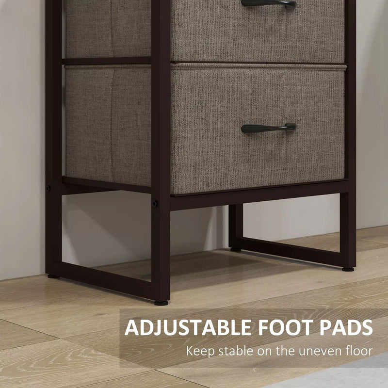 Image of a Tall Narrow Industrial Bookcase With Drawers. This stylish bookcase has a dark brown steel frame with 4 spacious rustic wooden shelves and 2 dark brown fabric drawers.