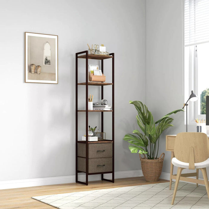 Image of a Tall Narrow Industrial Bookcase With Drawers. This stylish bookcase has a dark brown steel frame with 4 spacious rustic wooden shelves and 2 dark brown fabric drawers.