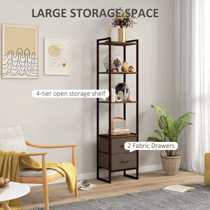 Image of a Tall Narrow Industrial Bookcase With Drawers. This stylish bookcase has a dark brown steel frame with 4 spacious rustic wooden shelves and 2 dark brown fabric drawers.