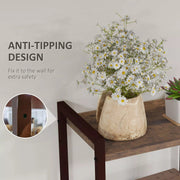 Image of a Tall Narrow Industrial Bookcase With Drawers. This stylish bookcase has a dark brown steel frame with 4 spacious rustic wooden shelves and 2 dark brown fabric drawers.