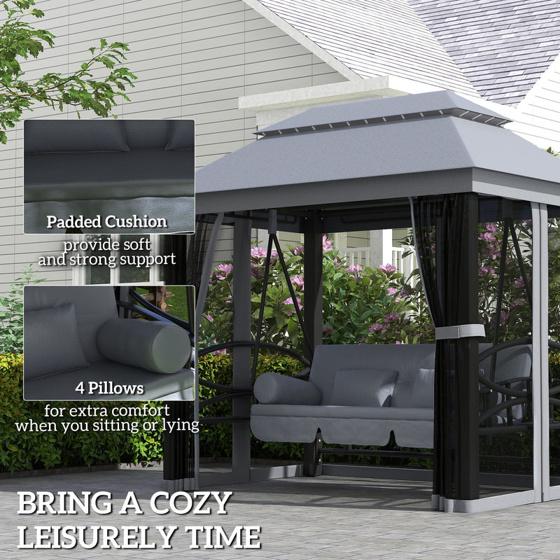 3-in-1 Garden Swing Bench with Canopy and Insect Net for Shaded Outdoor Relaxing Grey Outsunny