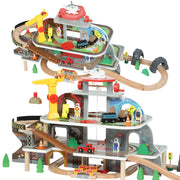 79 Piece Wooden Train Set with Crane and Helicopter Fun Mine Themed Track for Kids, Natural AOSOM
