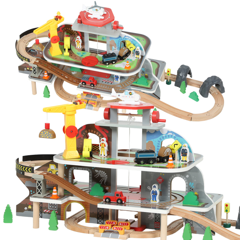 79 Piece Wooden Train Set with Crane and Helicopter Fun Mine Themed Track for Kids, Natural AOSOM