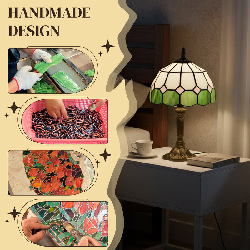 Stained Glass Table Lamp Tiffany Style - Handmade Glass Table Lamp with Art Deco Design for Living Room White & Green