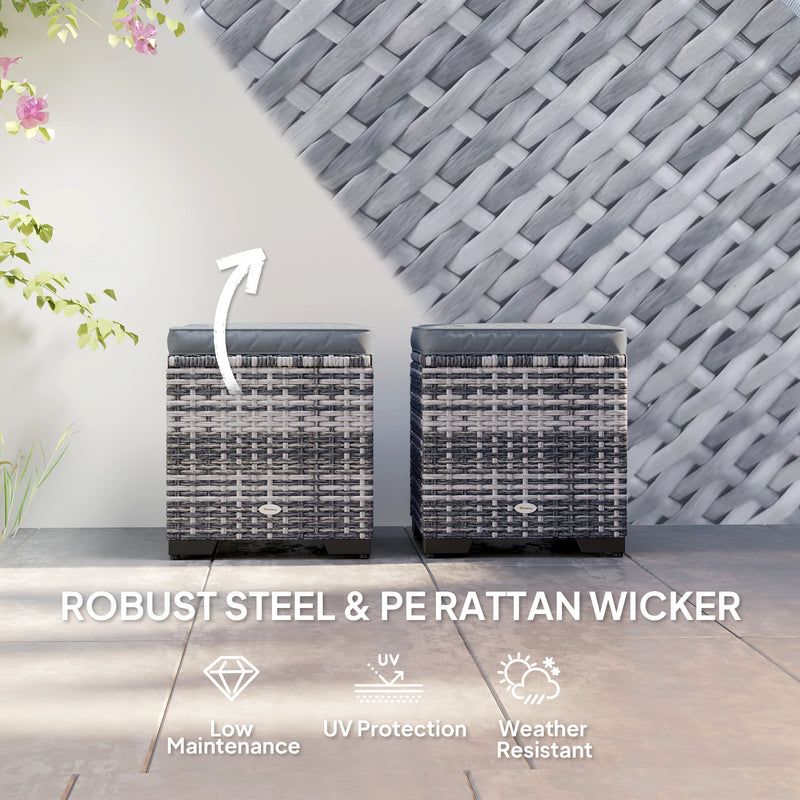 Set of 2 Rattan Storage Ottomans with Cushions for Garden Balcony and Living Room Dark Grey by Outsunny