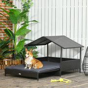 Extendable Elevated Rattan Dog Bed with Water-Resistant Roof and Cushion for Outdoors Grey