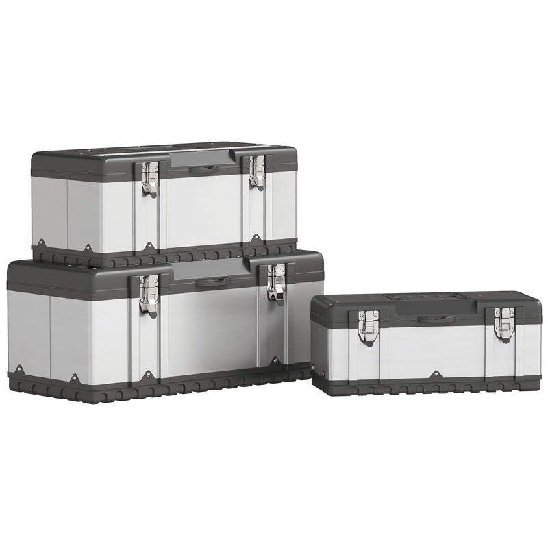 3 Piece Stainless Steel Toolbox Set With Carry Handles For Organised Tool Storage AOSOM