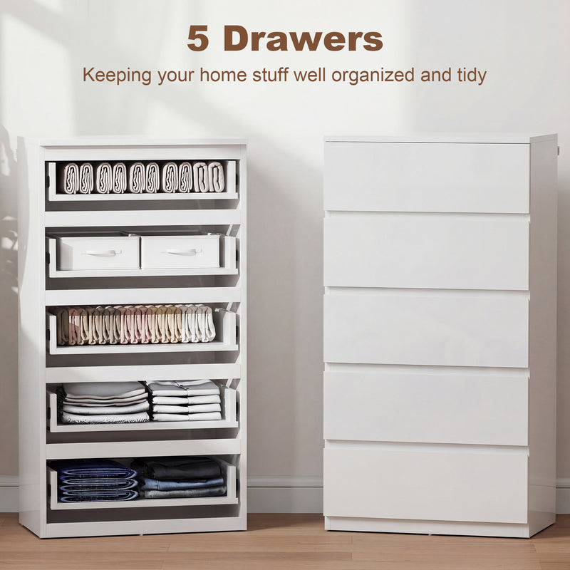 Chest of Drawers with 5 Spacious Handleless Storage Drawers for Bedroom Organisation High Gloss White Homcom