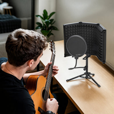 Foldable Studio Microphone Isolation Shield With Pop Filter And Tripod Stand Black AOSOM