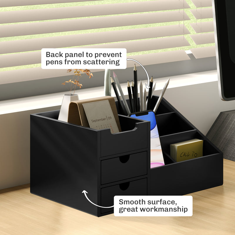 Black Bamboo Desk Organiser with 7 Compartments and 2 Drawers for Home Office by HOMCOM