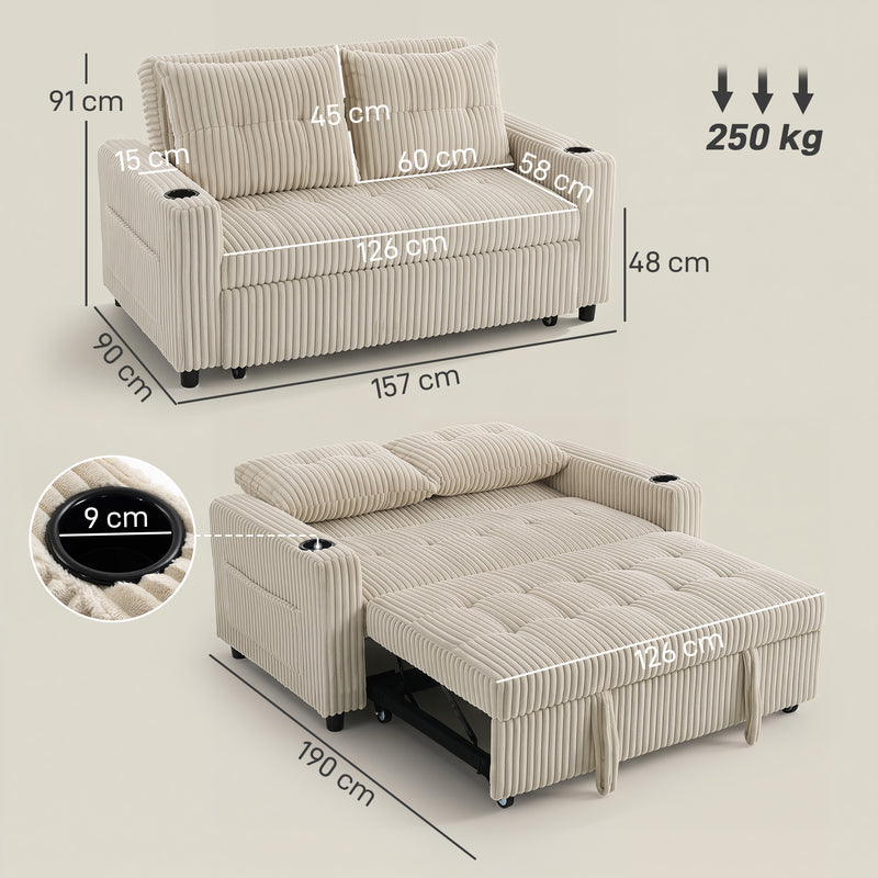 2 Seater Pull Out Sofa Bed with Cup Holders and Storage Pockets for Guests Cream White