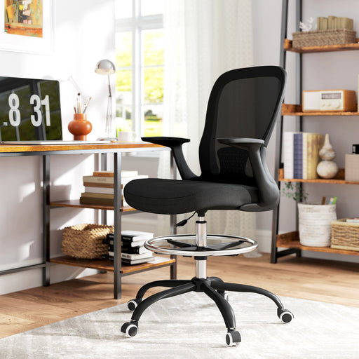 Black Ergonomic Mesh Drafting Chair with Flip-Up Armrests and Adjustable Foot Ring by HOMCOM