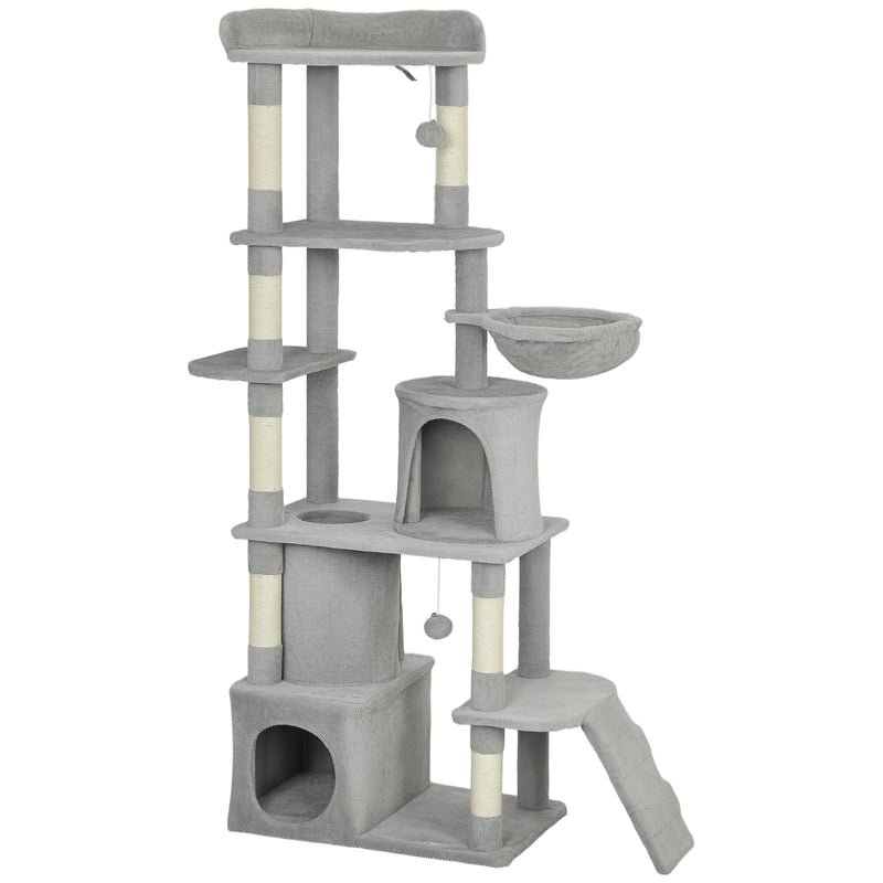 Large 170 cm Cat Tree Tower with Hammock Tunnel Condos and Scratching Posts Light Grey AOSOM