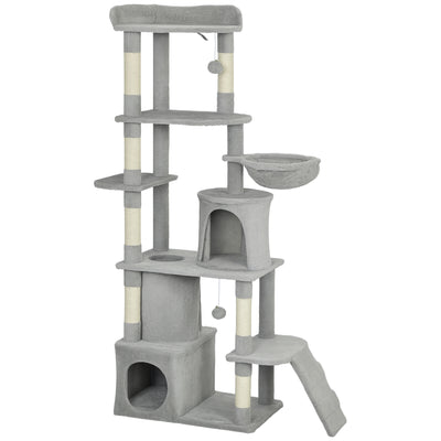 Large 170 cm Cat Tree Tower with Hammock Tunnel Condos and Scratching Posts Light Grey AOSOM
