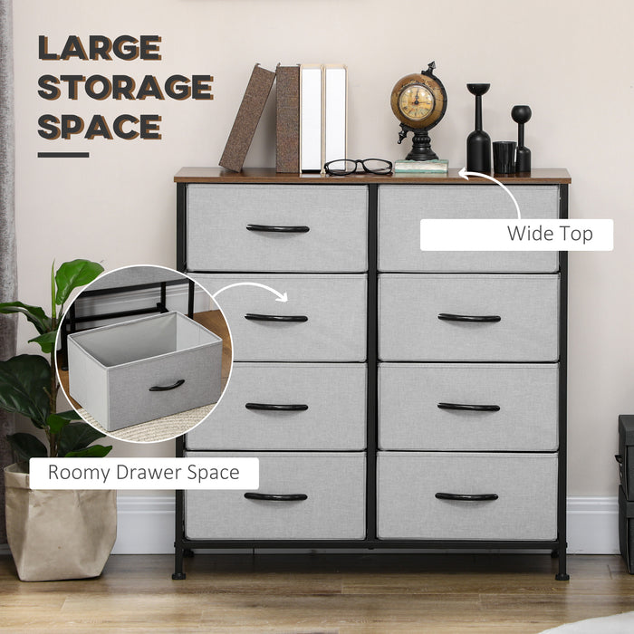 8 Drawer Fabric Storage Chest With Wooden Top For Bedroom Nursery Or Hallway Grey