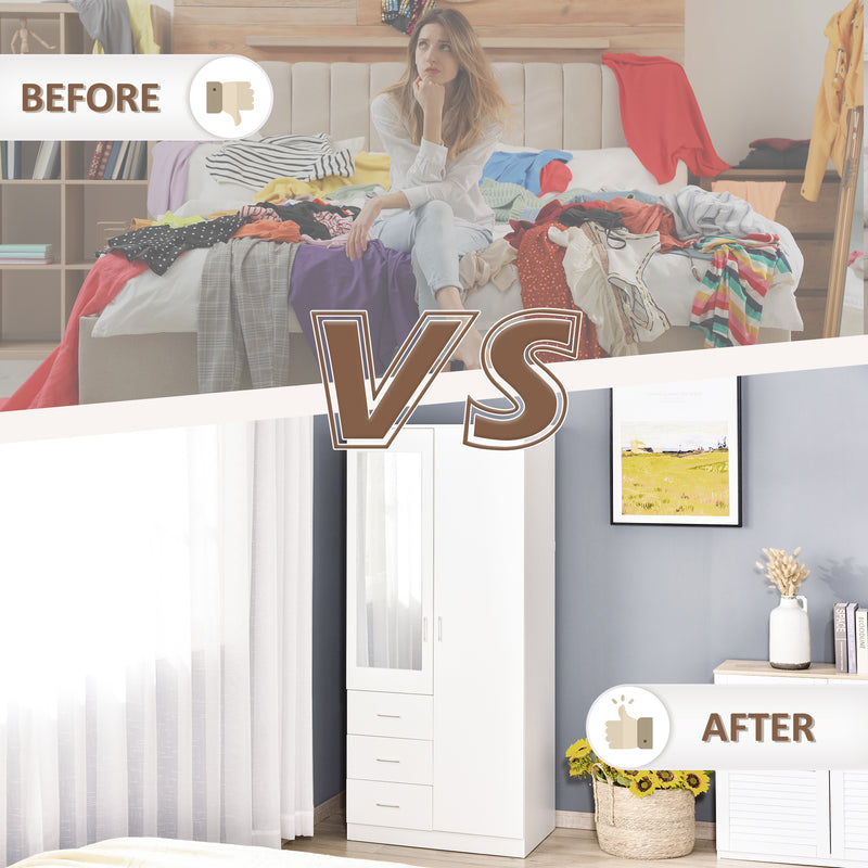White 2 Door Mirror Wardrobe With Hanging Rail Adjustable Shelf And 3 Drawers 180cm