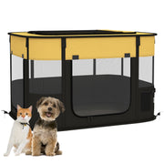 Foldable Dog Playpen with Storage Bag and Ground Stakes for Indoor and Outdoor Use, Yellow