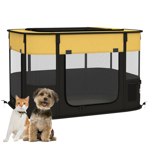 Foldable Dog Playpen with Storage Bag and Ground Stakes for Indoor and Outdoor Use, Yellow