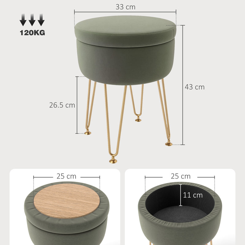 Round Storage Ottoman Footstool with Lid Green Velvet Feel Gold Legs by HOMCOM