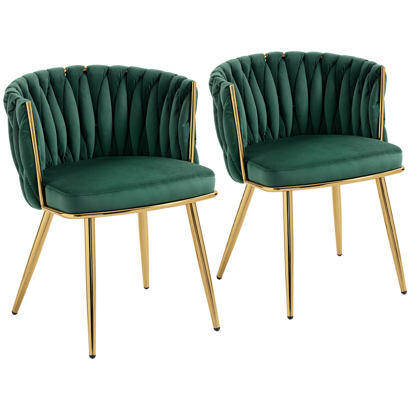 Set of 2 Velvet Dining Chairs with Armrests and Woven Backrest for Home Comfort Dark Green Homcom