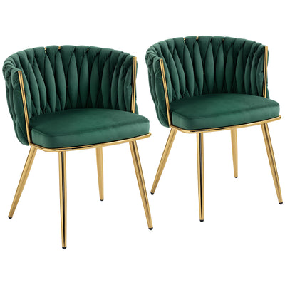 Set of 2 Velvet Dining Chairs with Armrests and Woven Backrest for Home Comfort Dark Green Homcom