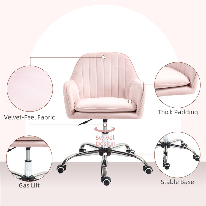 Pink Velvet Swivel Desk Chair with Adjustable Height and Wheels by HOMCOM